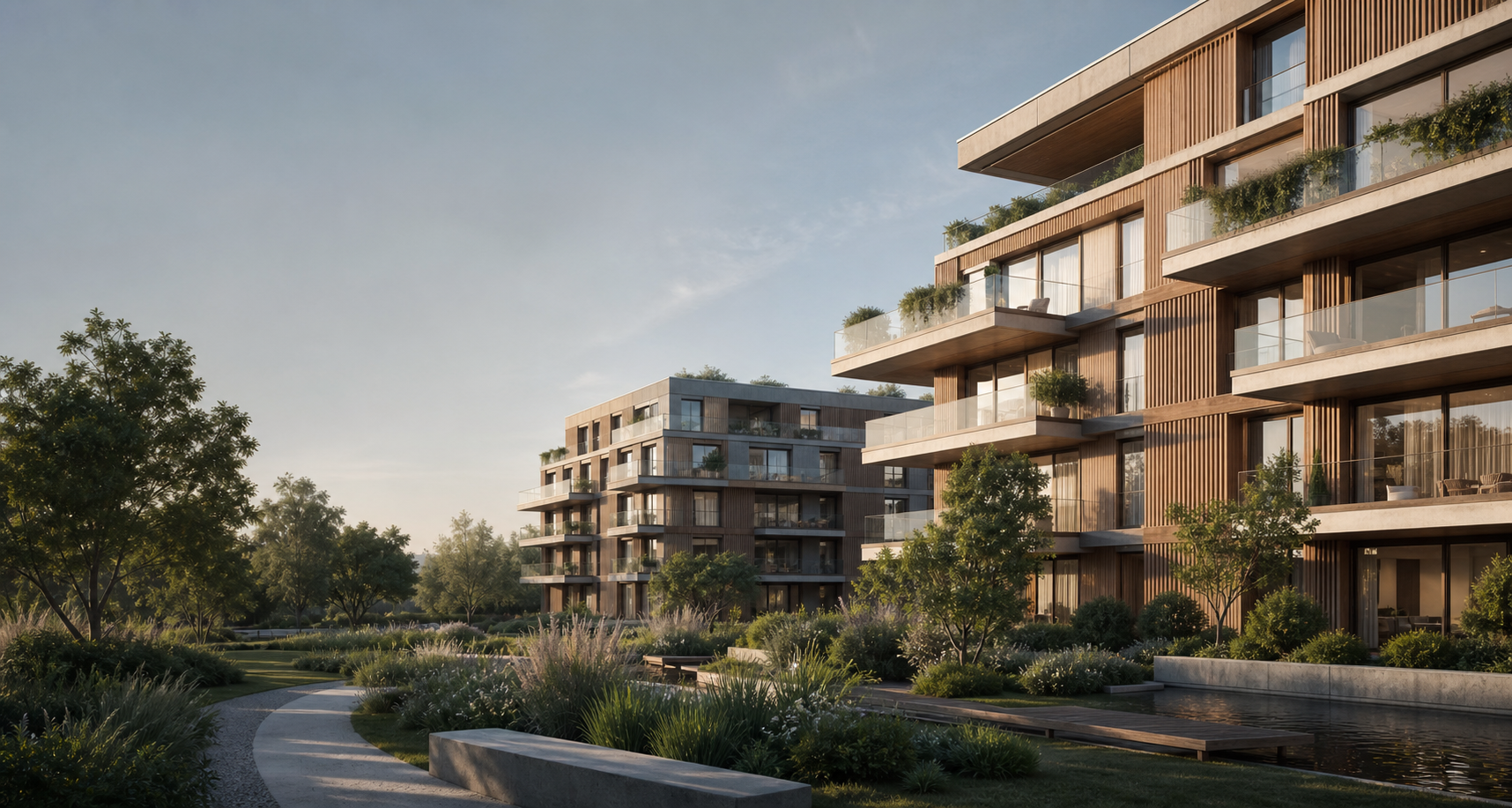 Modernes nachhaltiges Wohngebäude mit Holzfassade und Grünflächen